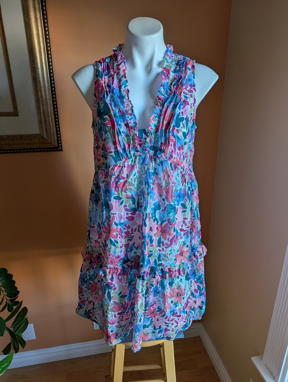 Tommy Bahama Floral Ruffle V-Neck Sleeveless Sundress - Pink & Blue Size S/ P